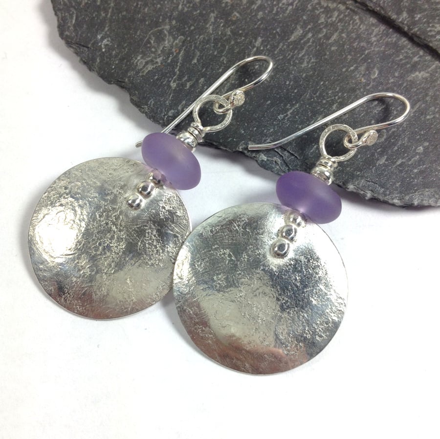 Large round silver and amethyst earrings 