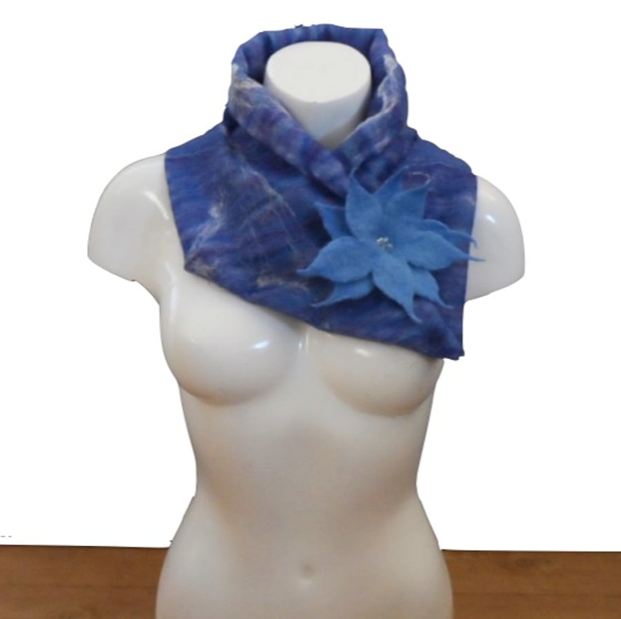 Nuno felted asymmetrical blue cowl with large flower brooch - SALE