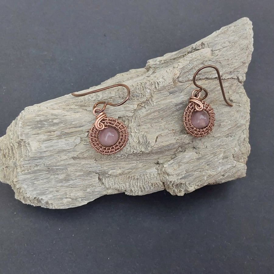 Copper wire weave Cats Eye non-tarnishing earrings with hypoallergenic ear wires