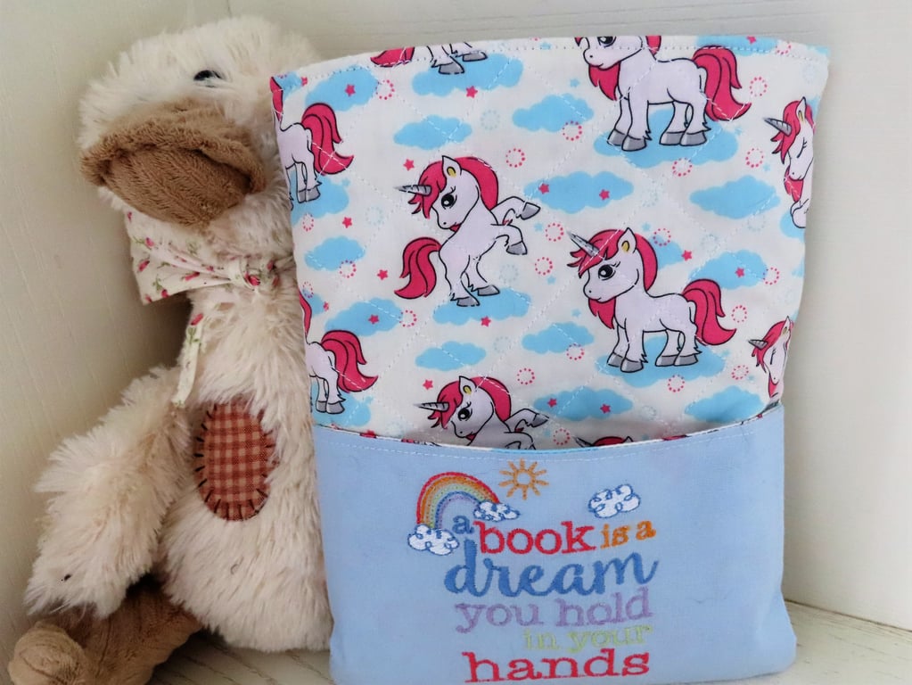 Children's Fabric Book Sleeve with Embroidered Reading Sentiment.
