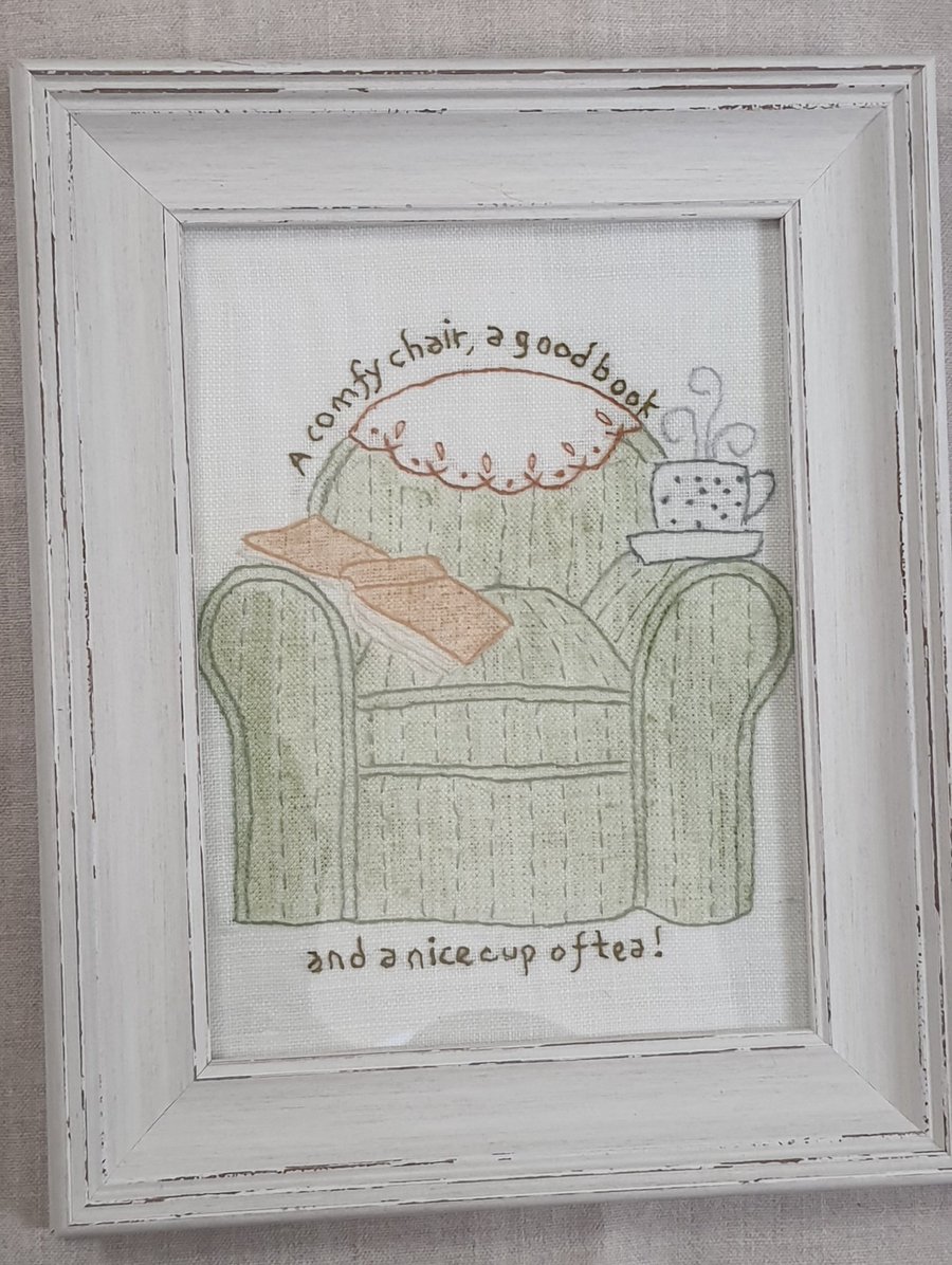 Hand Embroidered "Armchair, Good Book & Tea" Framed Picture