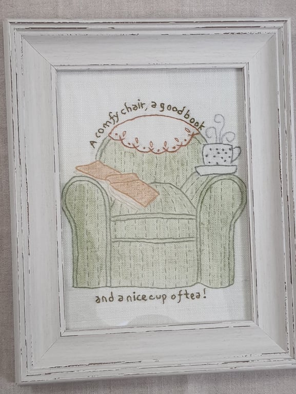 Hand Embroidered "Armchair, Good Book & Tea" Framed Picture