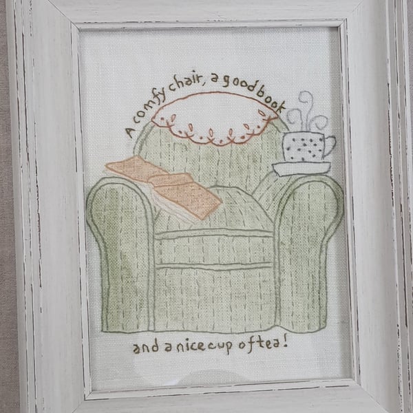 Hand Embroidered "Armchair, Good Book & Tea" Framed Picture