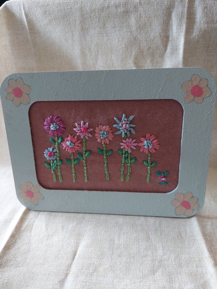 Hand embroidered flowers small upcycled painted picture frame 