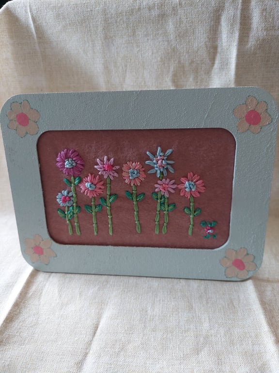 Hand embroidered flowers small upcycled painted picture frame 