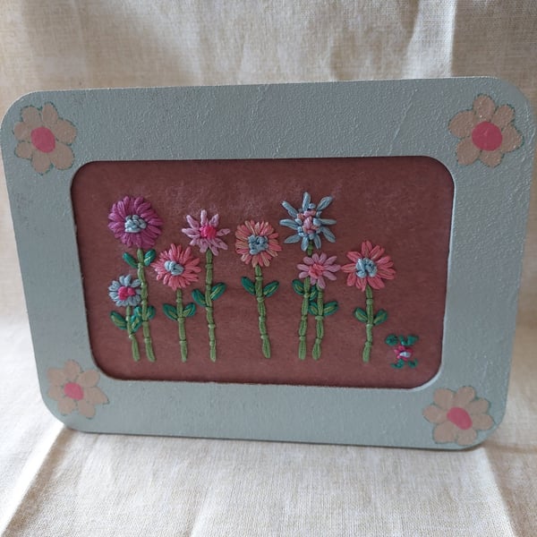 Hand embroidered flowers small upcycled painted picture frame 
