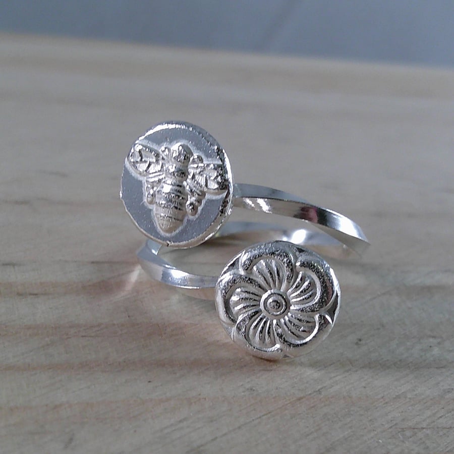Sterling Silver Bee and Flower Shot Twist Adjustable Ring (SKU 111124)