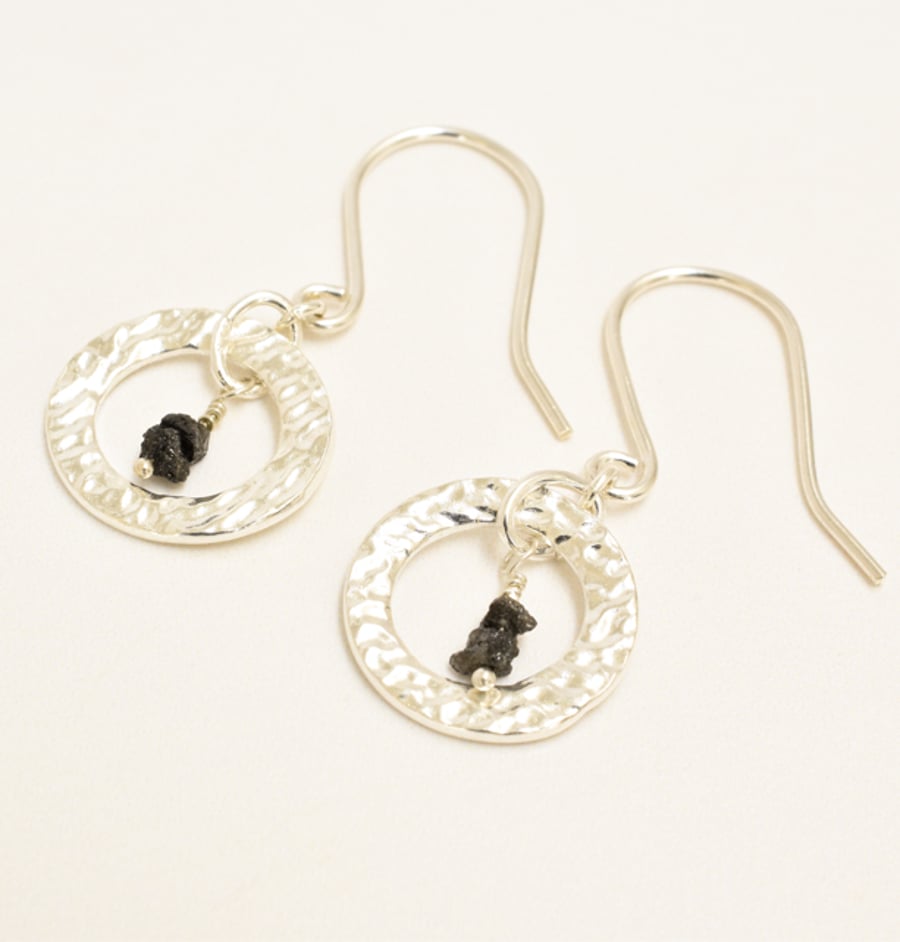 Black Diamond and Textured Fine Silver Circle Earrings