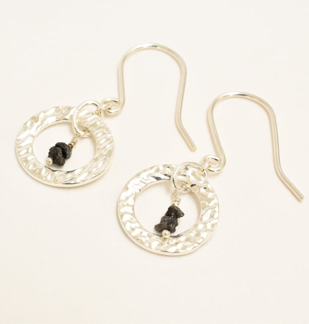 Black Diamond and Textured Fine Silver Circle Earrings