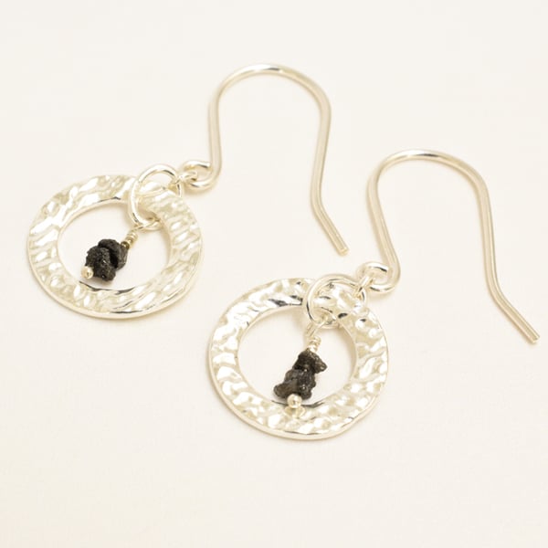Black Diamond and Textured Fine Silver Circle Earrings