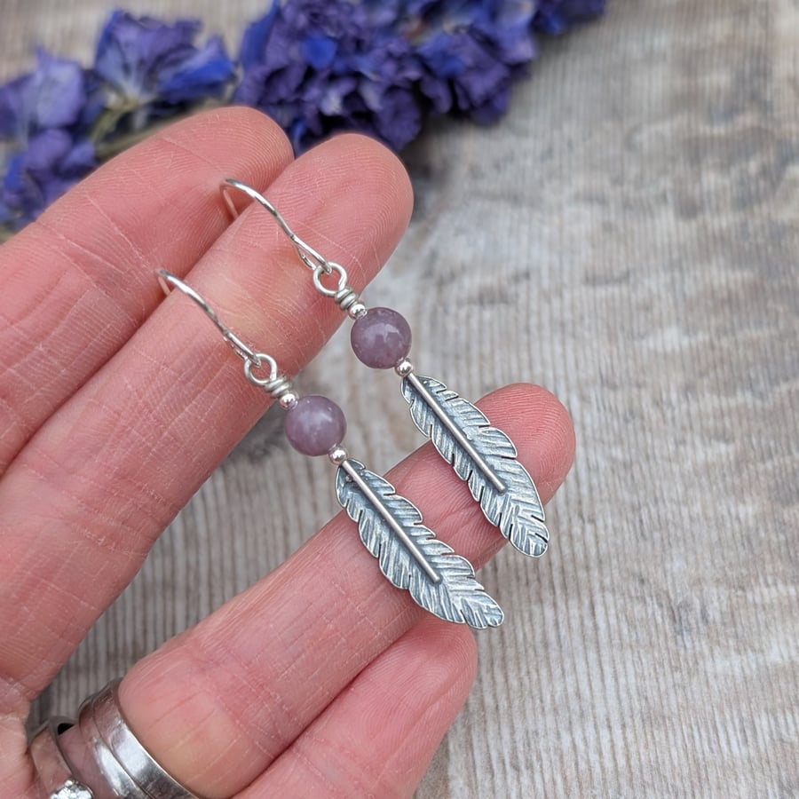 Sterling Silver Feather Drop Earrings with Lavender Amethyst - JBJ6005