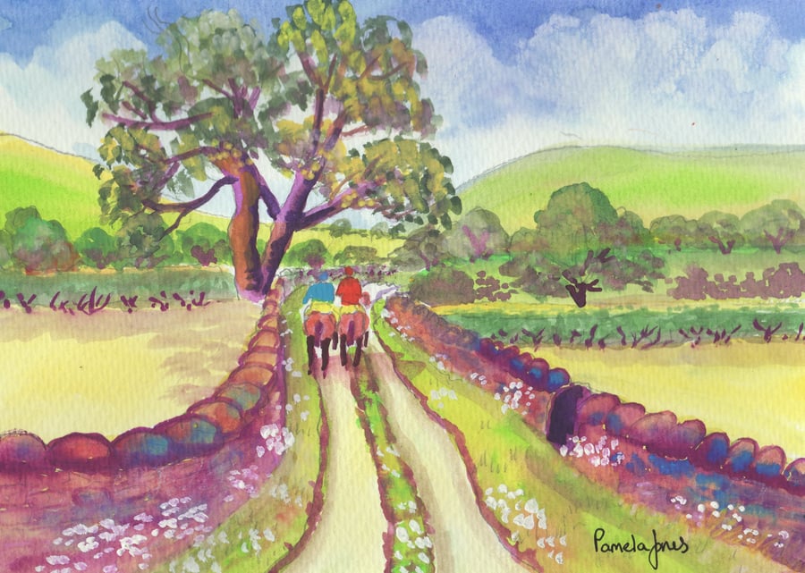Morning Ride, Welsh Landscape, Original Watercolour in 14 x 11 '' Mount