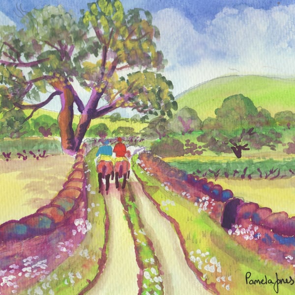 Morning Ride, Welsh Landscape, Original Watercolour in 14 x 11 '' Mount