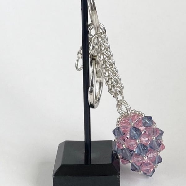 Handbag Charm, Egg Shaped Pink and Blue Crystal, Chainmaille Chain and Keyring