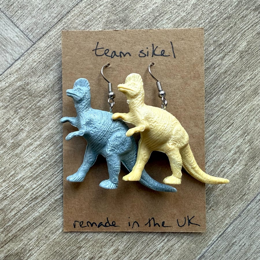 Pastel Grey and Yellow Oviraptor Dinosaur Earrings - Upcycled from Toys