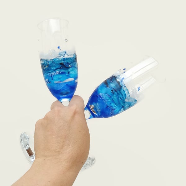 Stormy Seas Blue Champagne Flutes x 2