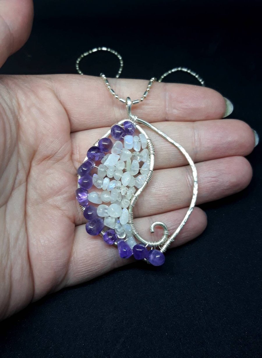 Rainbow Moonstone and Purple Amethyst Gemstone Silver Leaf Wirewrapped Pendant