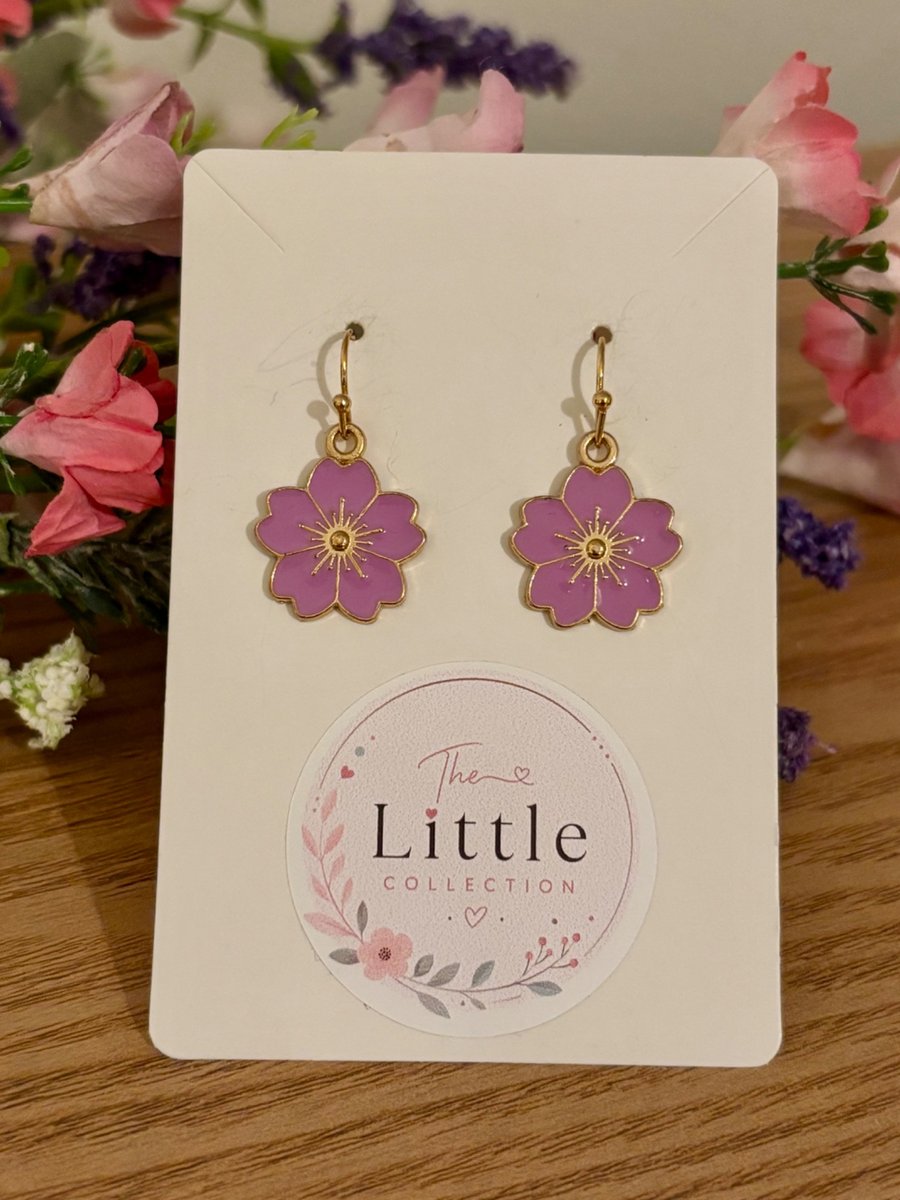 Lilac Cherry Blossom Dangle Earrings, Sakura Charms, Handmade Jewellery