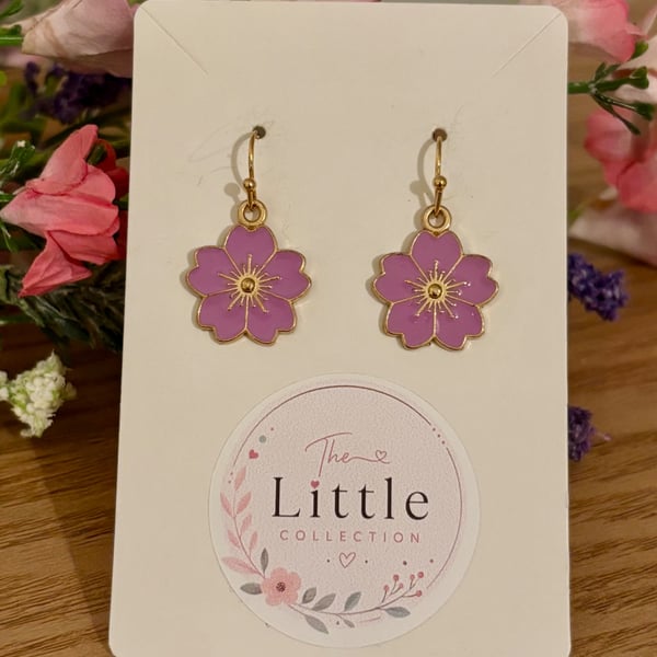 Lilac Cherry Blossom Dangle Earrings, Sakura Charms, Handmade Jewellery