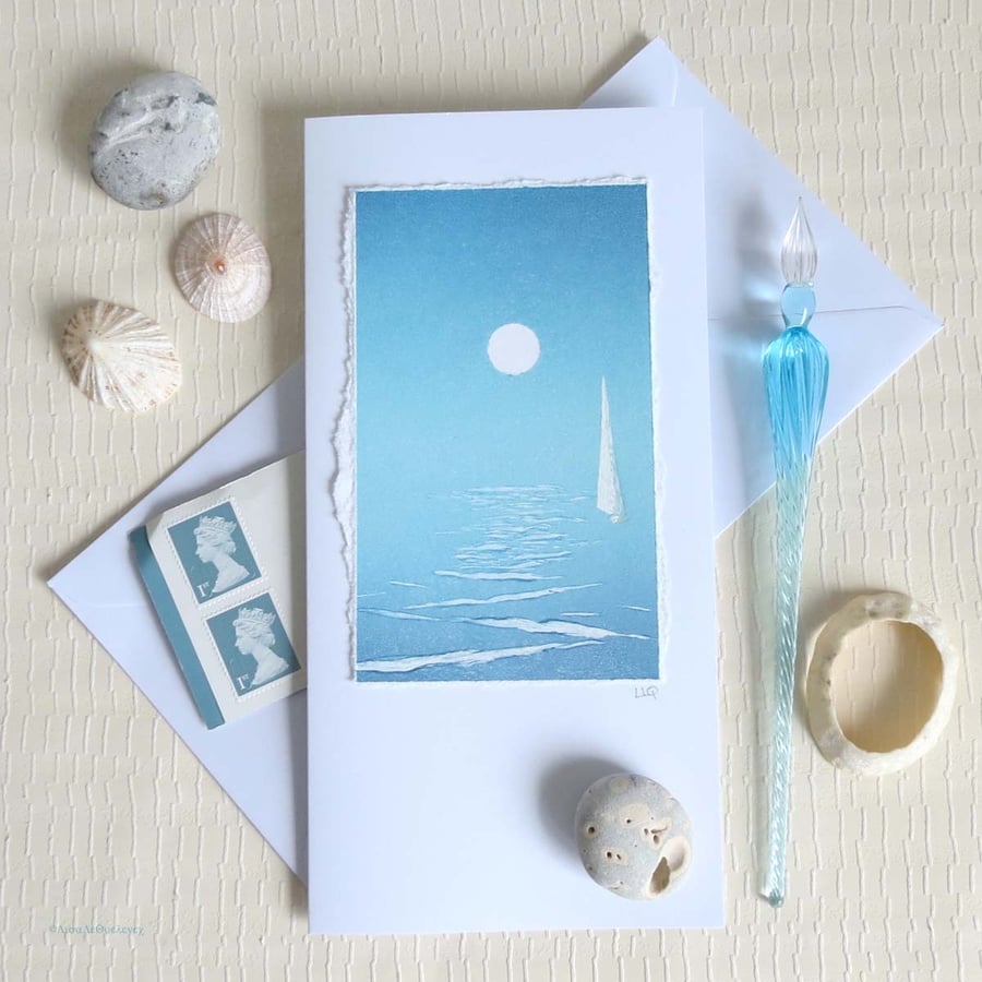 Original print artist card sailing in the moonlight OOAK handmade