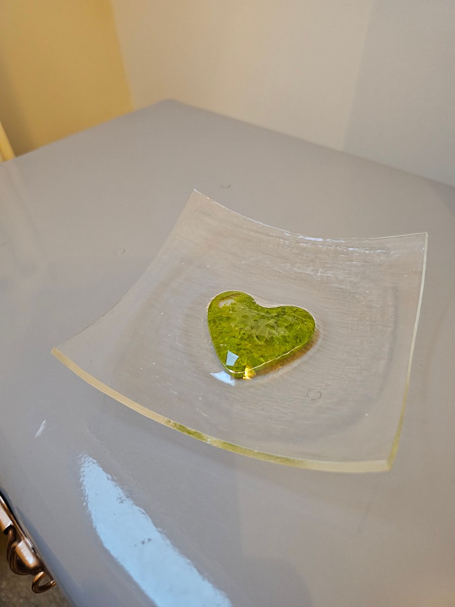 Hand made fused glass dish - spring green heart