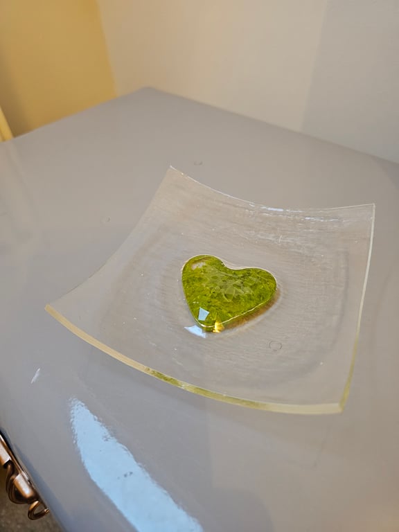 Hand made fused glass dish - spring green heart