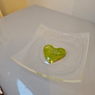 Hand made fused glass dish - spring green heart