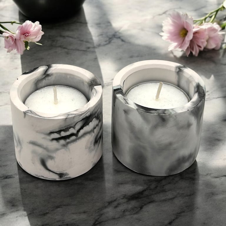 Grey Marbled Set of Two Tealight Holders - Duo of Pillar Candle Holders (dp2)