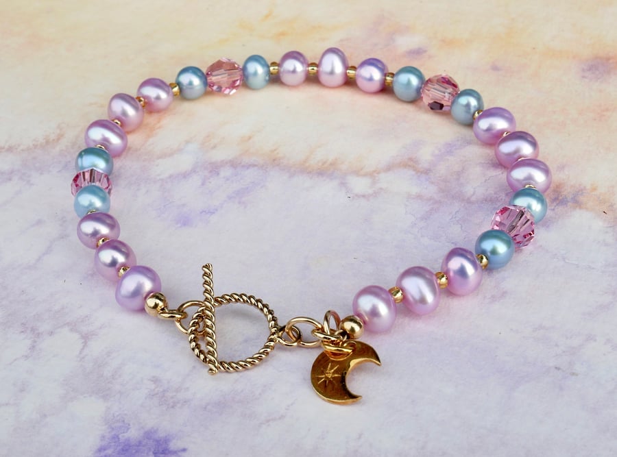 Lilac Pink and Blue Pearl Bracelet with 14k Gold Filled Toggle Clasp