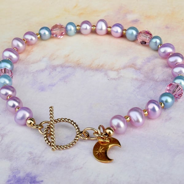 Lilac Pink and Blue Pearl Bracelet with 14k Gold Filled Toggle Clasp