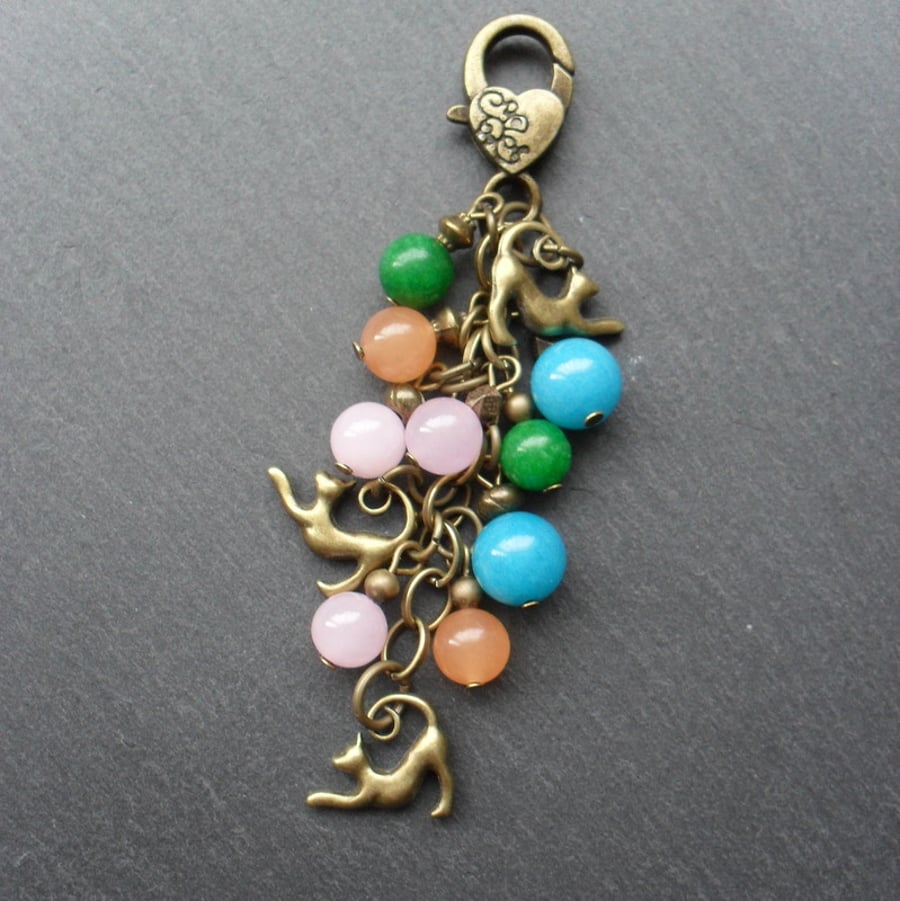 Cat Lovers Bag Charm With 3 Little Cat Charms
