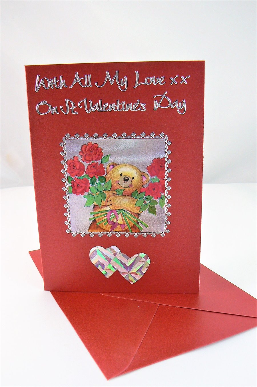 Valentine Card (teddy & roses) With All My Love xx On St Valentine's Day