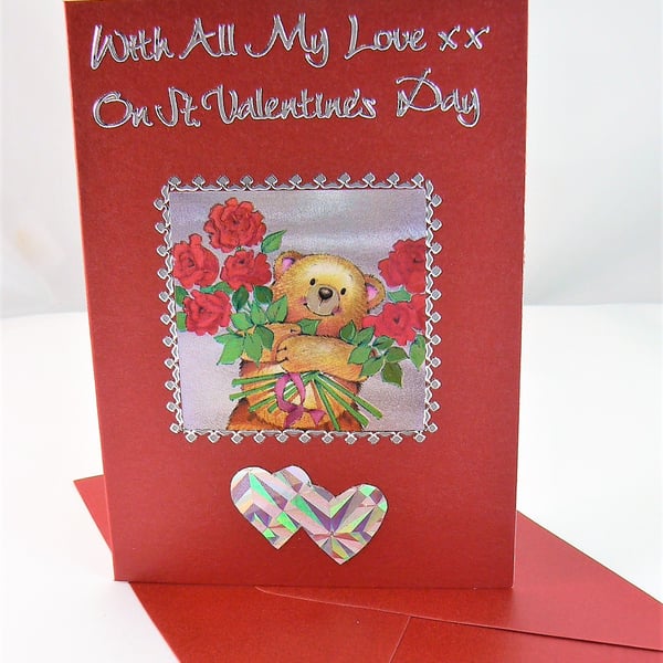 Valentine Card (teddy & roses) With All My Love xx On St Valentine's Day
