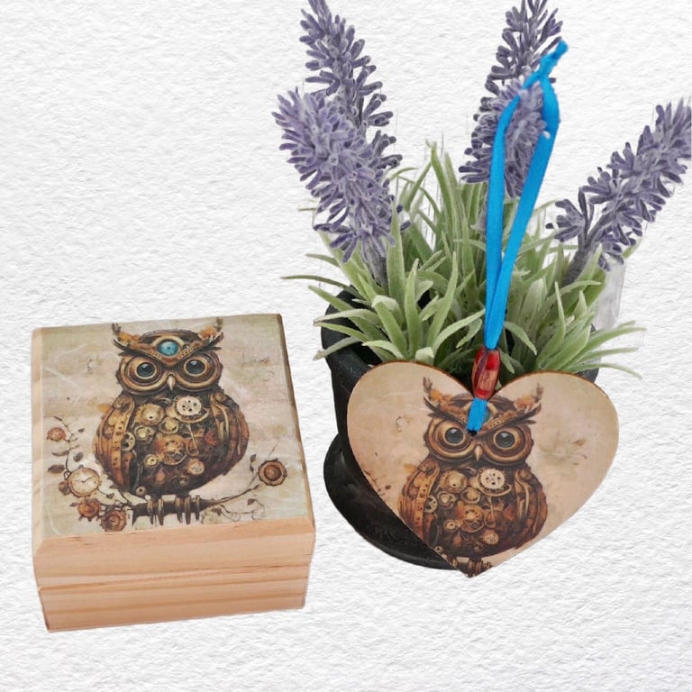 Owl: Decorated Wooden Ring Trinket Box 7cm & Hanging Heart