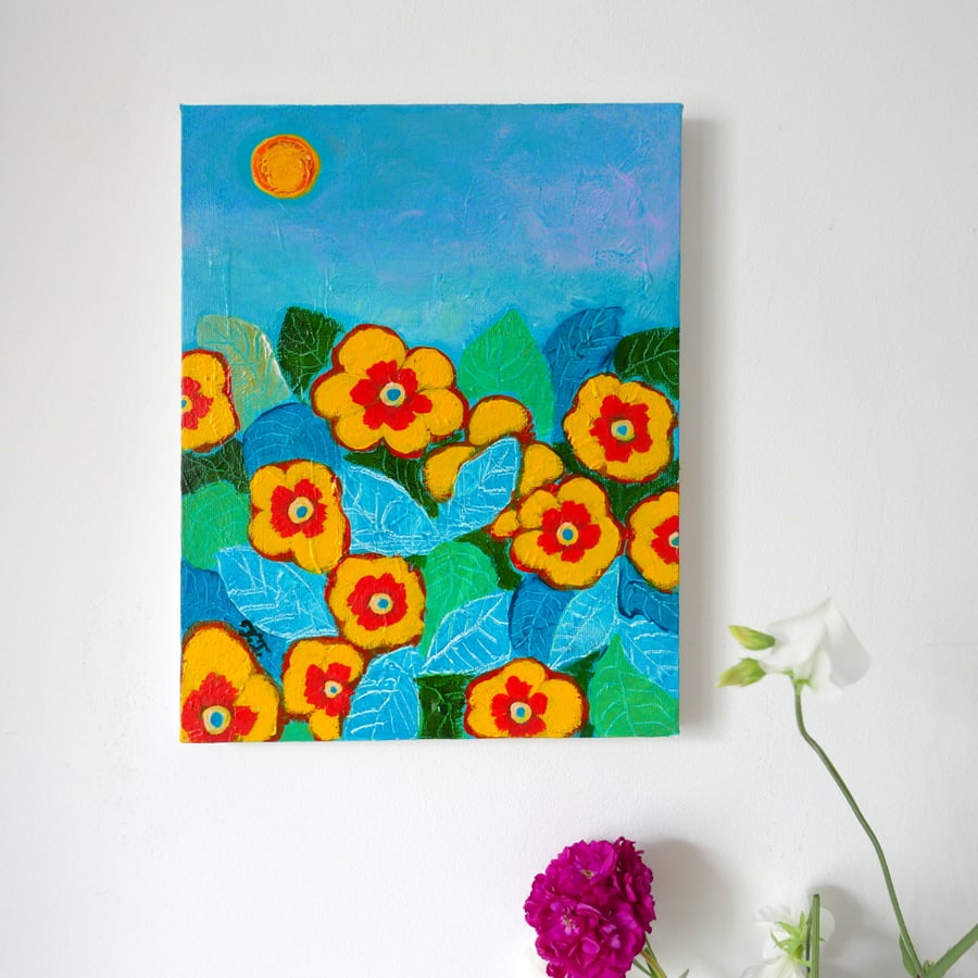 Yellow Spring Flowers, Primrose Original Painting, Modern Floral Artwork 