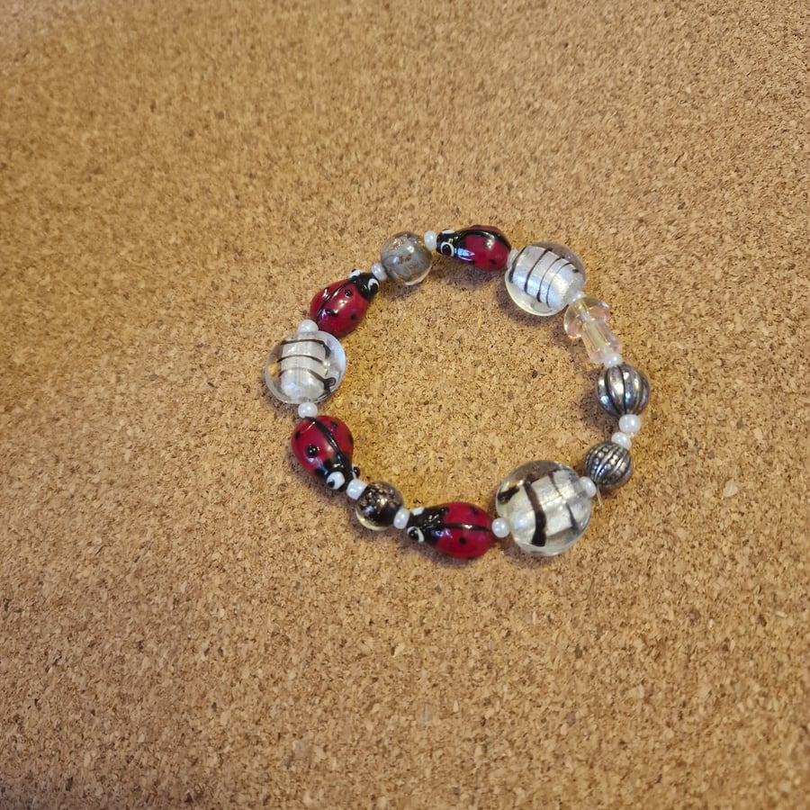 Ladybird, lampwork style beaded bracelet with novelty beads small size