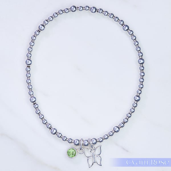 Butterfly Charm Bracelet Sterling Silver Stretchy green glass handmade 