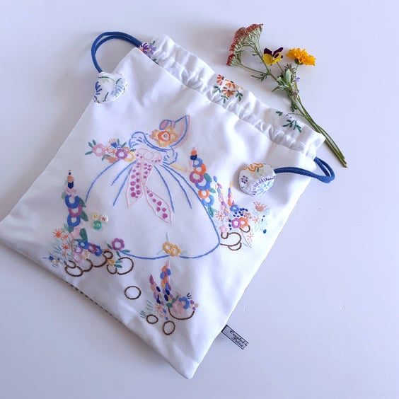 Drawstring bag recycled vintage embroidery with a girl in a romantic crinoline