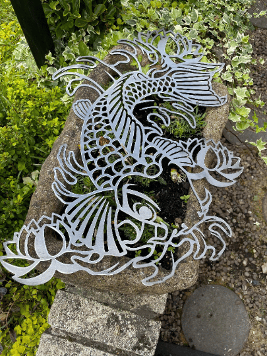 Laser Cut Metal Koi Fish and Lotus Flower - Garden Silhouette or Wall Art