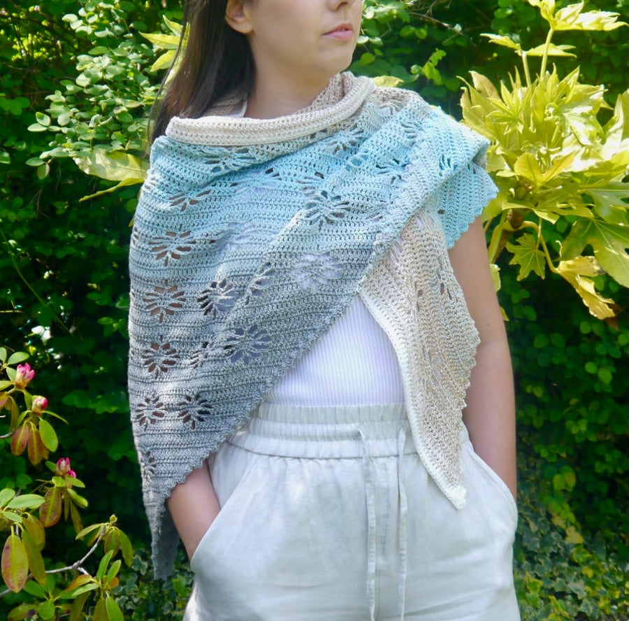 Crochet Flower Shawl, Triangle Cotton Wrap