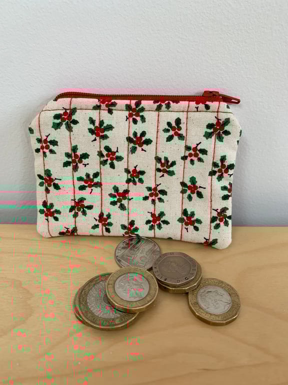 Holly Print Cotton Quilted Fabric Mini Purse