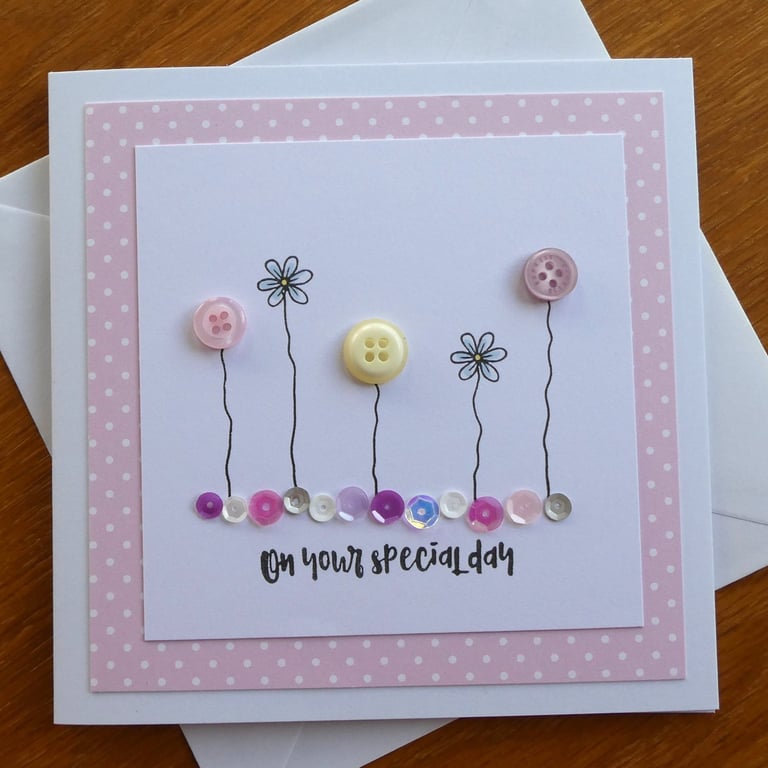 On Your Special Day Card - Flowers, Hearts and Sequins - Pink and Yellow
