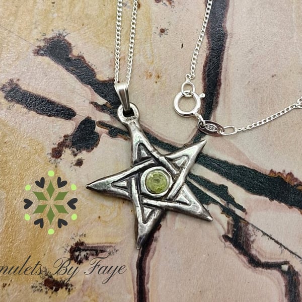 Recycled Fine Silver 999 Pentagram with Peridot Gemstone Pendant Necklace.