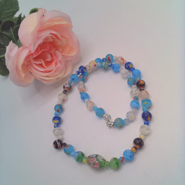 Blue Green and White Millefiori Bead Necklace, Summer Necklace, Gift for Her
