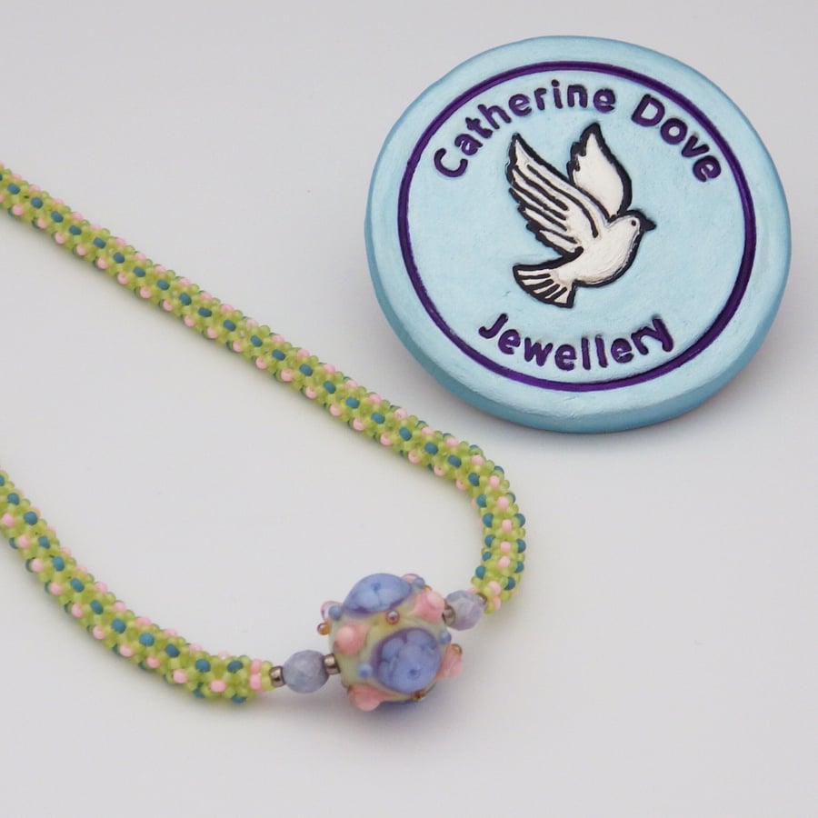 Spring shades lampwork glass bead and chenille stitch necklace 