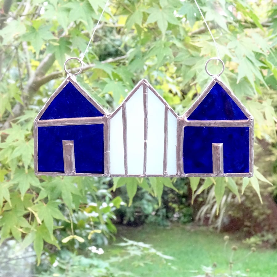 Stained Glass Suncatcher Beach Huts - Hanging Decoration - Blue and White