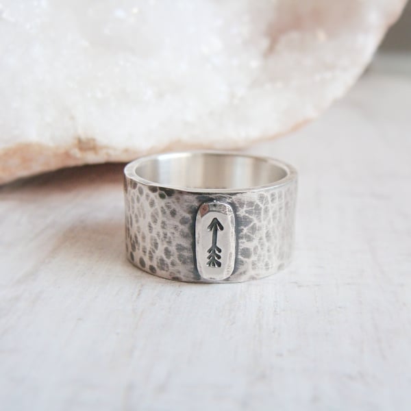 Recycled Sterling Silver Chunky Hammered Wide Ring Band Stamped Arrow Design