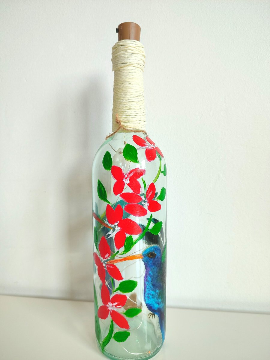 Hand painted glass lamp, wedding bottle lamp, Humminbird gift, fairy lights