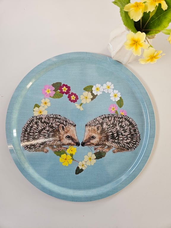 Hedgehogs in Primrose heart melamine tray, wildlife gift, serving tray