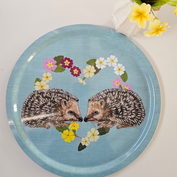 Hedgehogs in Primrose heart melamine tray, wildlife gift, serving tray
